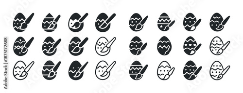 Monochrome icons of decorated easter eggs and paintbrushes in various patterns