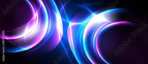 Abstract swirls, vibrant colors, luminous lines create dynamic energy. Dark background emphasizes bright glowing shapes.