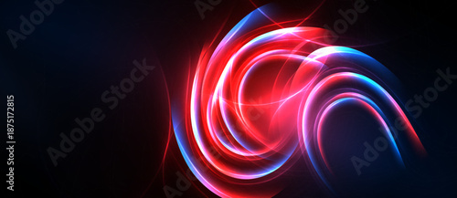 Abstract swirling lights, vibrant reds, blues dominate dark background. Energy flows, creating dynamic visual impact.
