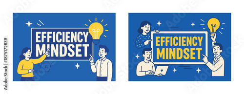 Efficiency mindset concept with animated characters and lightbulb ideas