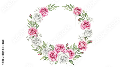 Set of rose flower watercolor frame wreath design pink and white bouquet flower design vector.