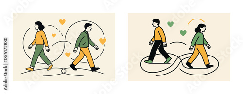 Illustration of a couple walking with intersecting paths and hearts