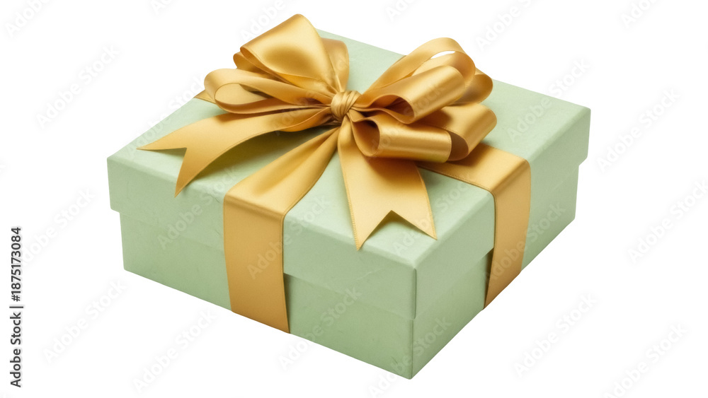 Obraz premium Light green gift box with golden ribbon isolated PNG, present for birthday or Christmas on transparent background