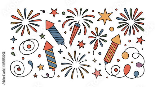 Celebration of Lights: A vibrant illustration showcasing fireworks rockets and celestial stars, symbolizing joy and festivity.