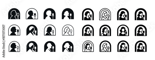 Silhouettes of people singing into microphones in various styles