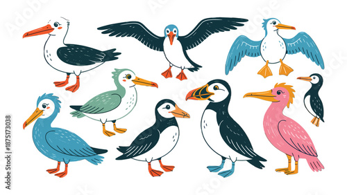 Variety of Coastal Birds: A vibrant collection of unique birds, each meticulously illustrated with their distinct feather patterns and hues, ready to soar and explore the vast open spaces