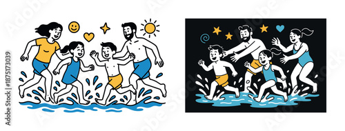 Family having fun at the beach with children splashing in water