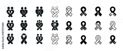 Black ribbon icons set for awareness and support