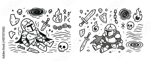 Medieval knights cartoon art with swords fire and skulls
