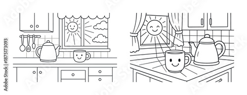 Black and white kitchen scene with sun smiling at teapot and cup
