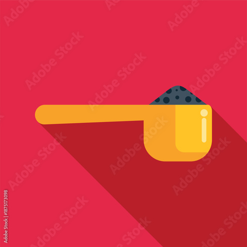 Yellow measuring scoop containing nutritional powder on a red background