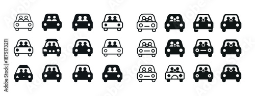 Collection of car icon variations with different interiors and passengers