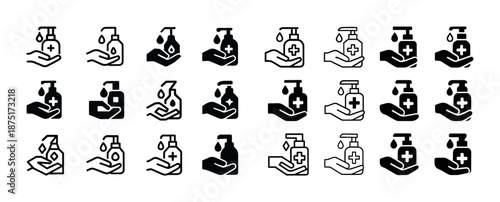 Set of sanitizer bottle icons in various styles with hand and droplet designs