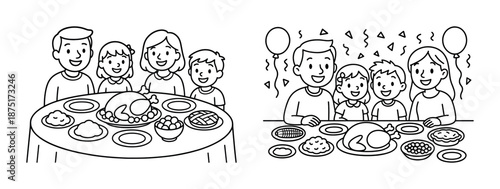 Happy family celebrating thanksgiving with feast and smiling children