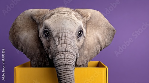 Young elephant with large ears peeking out of a bright yellow box against a vibrant purple background, showcasing playful and whimsical animal imagery for creative projects