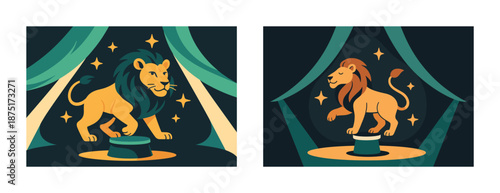 Two stylized lions performing on circus stages with green curtains and stars