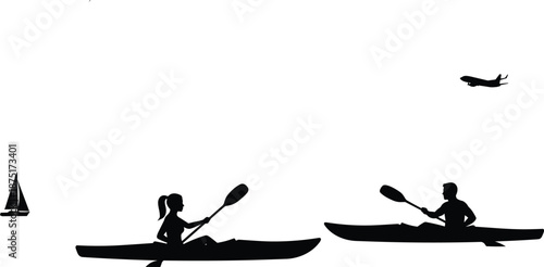 Kayaking couple silhouette paddling on water with airplane and sailboat, black and white outdoor travel adventure illustration scene lifestyle concept