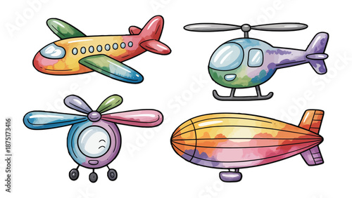 Whimsical Sky Fleet: A charming illustration features a collection of colorful flying machines, each a symbol of aviation imagination and exploration, set against a clean, uncluttered backdrop.