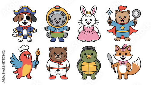 Cartoon Animals in Costumes: A vibrant collection of adorable cartoon animals, each dressed in unique and captivating costumes, exuding playful charm and imaginative fantasy. 