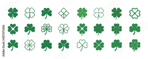 Variety of green clover icons in different styles and designs