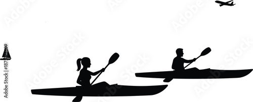 Kayaking silhouette couple paddling on water with airplane and sailboat, black and white outdoor travel adventure illustration scene lifestyle concept