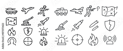 Military icons set: vehicles, weapons, strategy maps, soldiers, shields