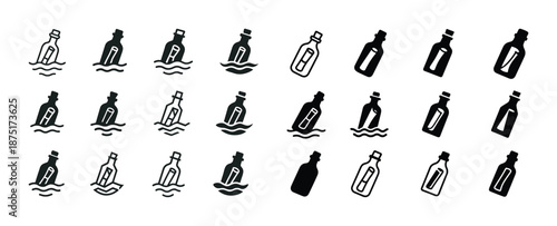 Seamless patterns of message in a bottle icons on ocean waves
