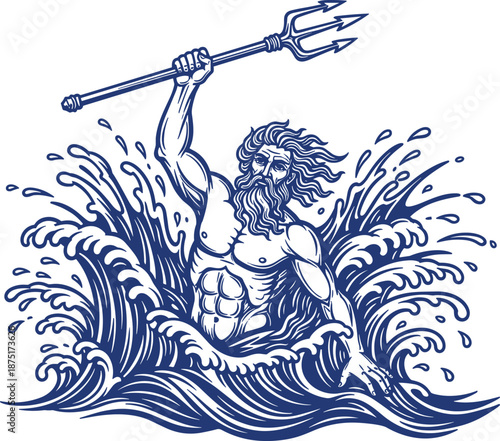   
Poseidon Greek god illustration, ocean waves power, trident mythology symbol, aquatic deity artwork, sea legend concept, blue silhouette, flat vector