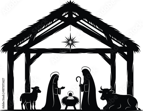 Nativity scene silhouette with holy family, star of Bethlehem, animals, Christian Christmas manger illustration, religious holiday design, flat vector
