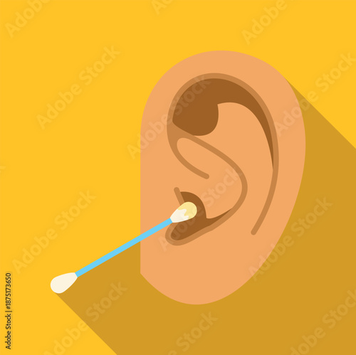 Human ear performing hygiene or removing earwax with a cotton swab