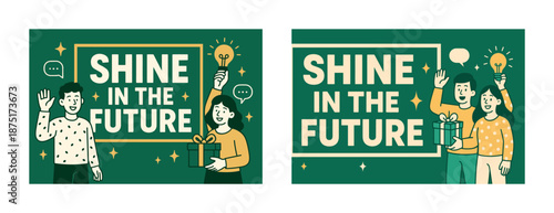 Bright future design with diverse characters holding gift and light bulb symbols