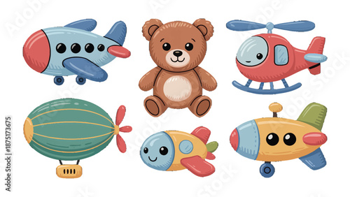 Playful Airborne Collection: A delightful ensemble of illustrated toys, featuring a charming teddy bear and a colorful assortment of airborne vehicles, evoke a sense of joy and imagination.