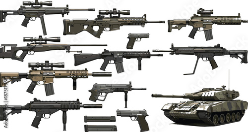 Modern military weapons and tank illustration, sniper rifles, pistols, assault guns, camouflage vehicle, combat gear collection, defense concept, flat vector