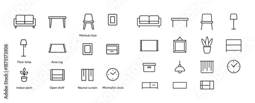 Minimalist furniture icons: sofa, chair, table, lamp, plant, clock for modern interiors