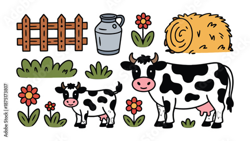 Farm Elements Illustration: A charming, hand-drawn collection of farm elements, including a cow and calf, milk can, hay bale, fence, and floral accents.