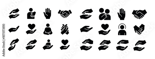 Set of diverse hand and heart icons illustrating connection and care