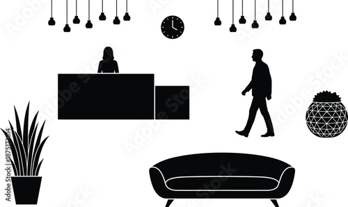 Modern office reception interior silhouette with receptionist, visitor walking, sofa and plants, black and white minimalist business workspace illustration