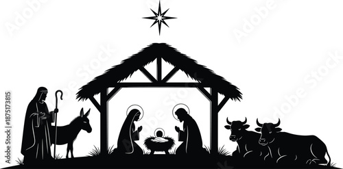 Title (20 words) Christmas Nativity scene silhouette vector illustration, featuring the Holy Family, shepherd, farm animals, and the Star of Bethlehem in stable.
