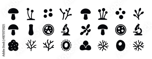 Biology icons set: microscope, mushrooms, cells, laboratory equipment