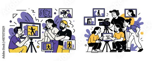 Mixed-gender multiracial team creating video content with cameras and screens