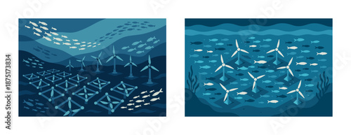 Underwater turbine energy with swimming fish in ocean environment
