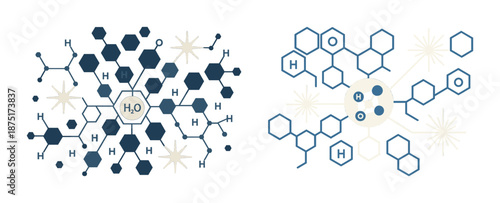 Molecular structures of h2o molecules with chemical bonds and hexagonal patterns