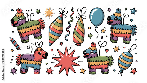 Festive Celebration Elements: A collection of cheerful and colorful pinatas, balloons, stars, and party hats set against a plain backdrop, exuding a sense of joy and festivity.