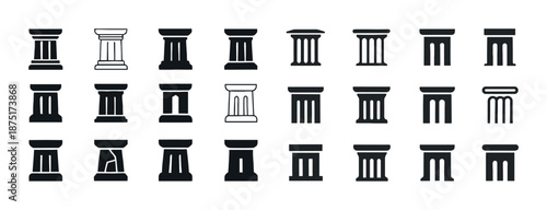 Set of ancient column icons: doric, ionic, corinthian styles in black and white silhouette