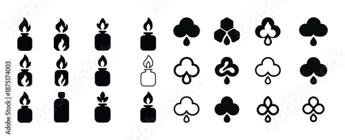 Collection of fire and water drop icons featuring bottle and club symbols