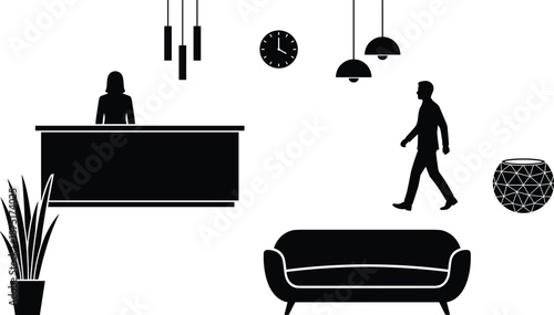 Modern office reception silhouette with receptionist and visitor, minimalist lobby interior, black and white corporate workspace illustration concept scene design