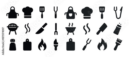 Kitchen and barbecue utensil icons collection: cooking, grilling, tools, aprons, chefs