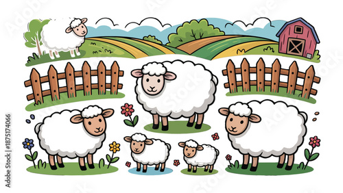Farm life cartoon: a collection of cartoon sheep in a green farm background. capturing the peaceful of farm