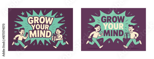 Grow your mind illustration with smiling characters iconic comic style text