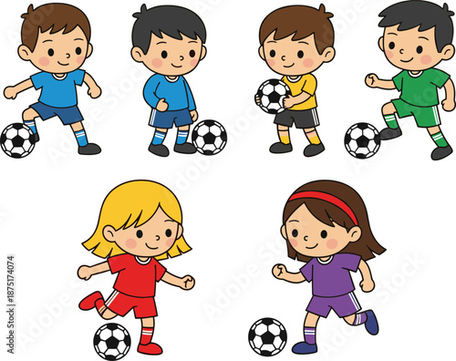 Cute kids playing soccer illustration set showing boys and girls football characters sports activity cartoon vector design